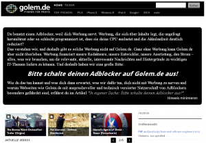 Adblock-Hinweis auf golem.de